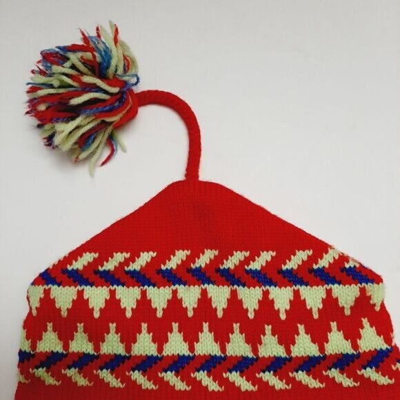 Retro 80's CAPPELLO 100% Wool Intarsia Geo Pattern Knit Beanie Hat w/ Pom-Pom OS - Picture 5 of 14